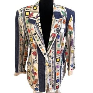 Vintage San Moire Womens Blazer Size 10 Cotton Linen Geometric Floral Print